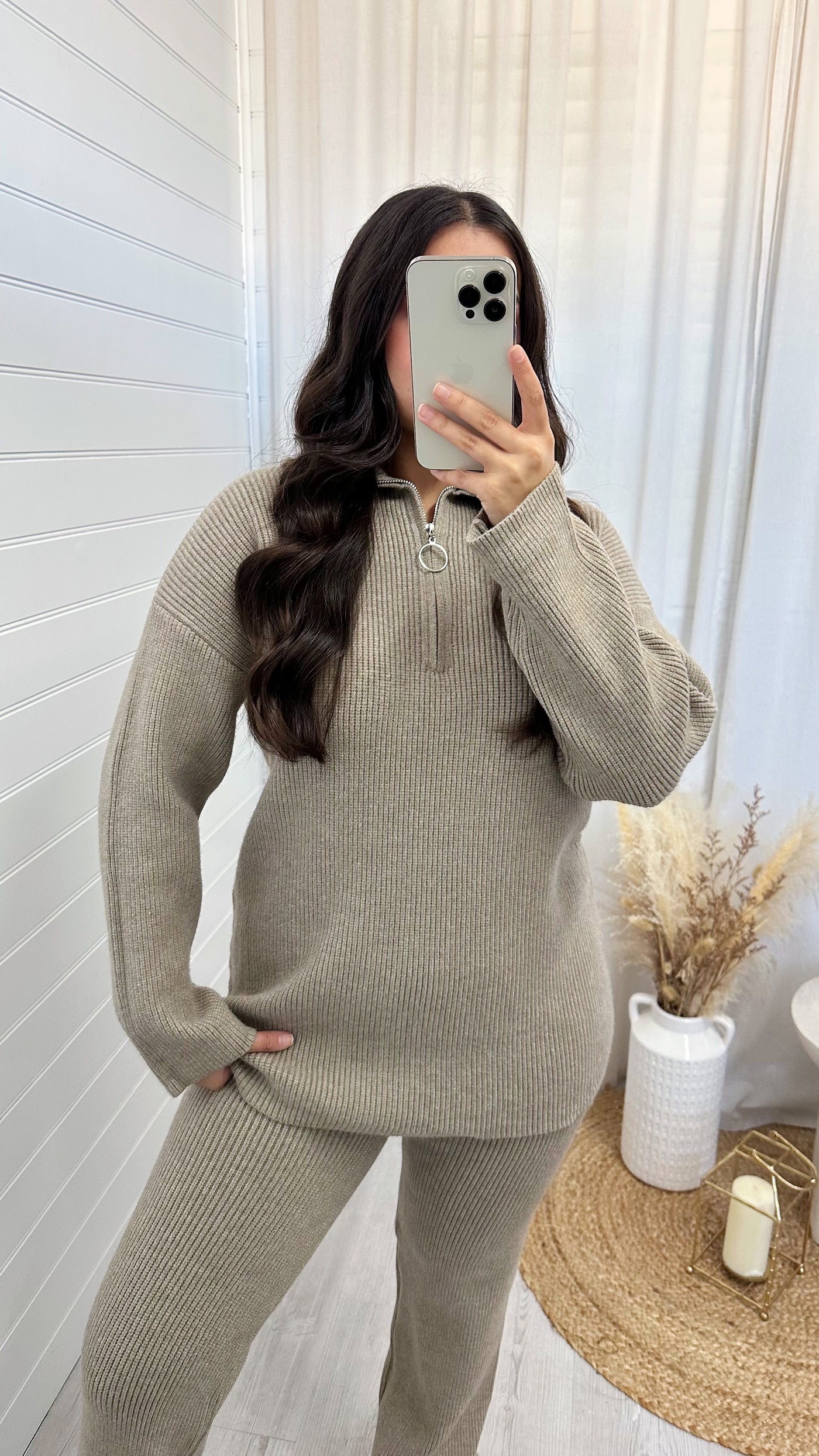 Chunky Knitted Quarter Zip Top and Trousers Co-Ord - MOCHA