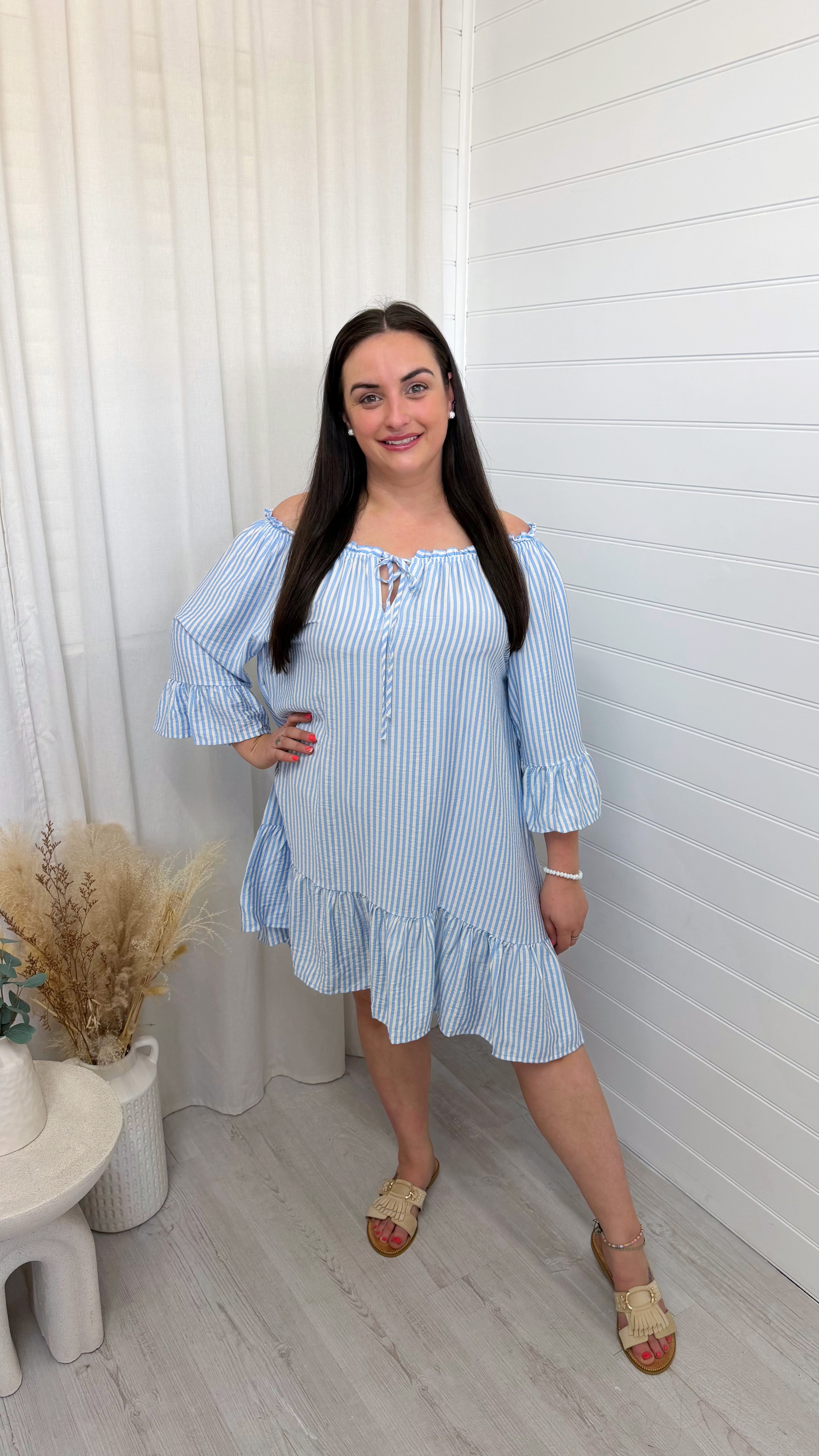 Bardot Pinstripe Summer Dress - LIGHT BLUE