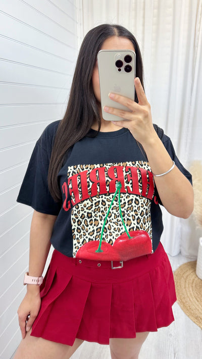 Leopard Print Cherries Oversized T-Shirt - BLACK