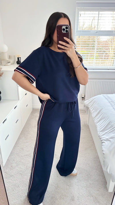 Side Stripe T-Shirt and Wide Leg Joggers Co-Ord - NAVY