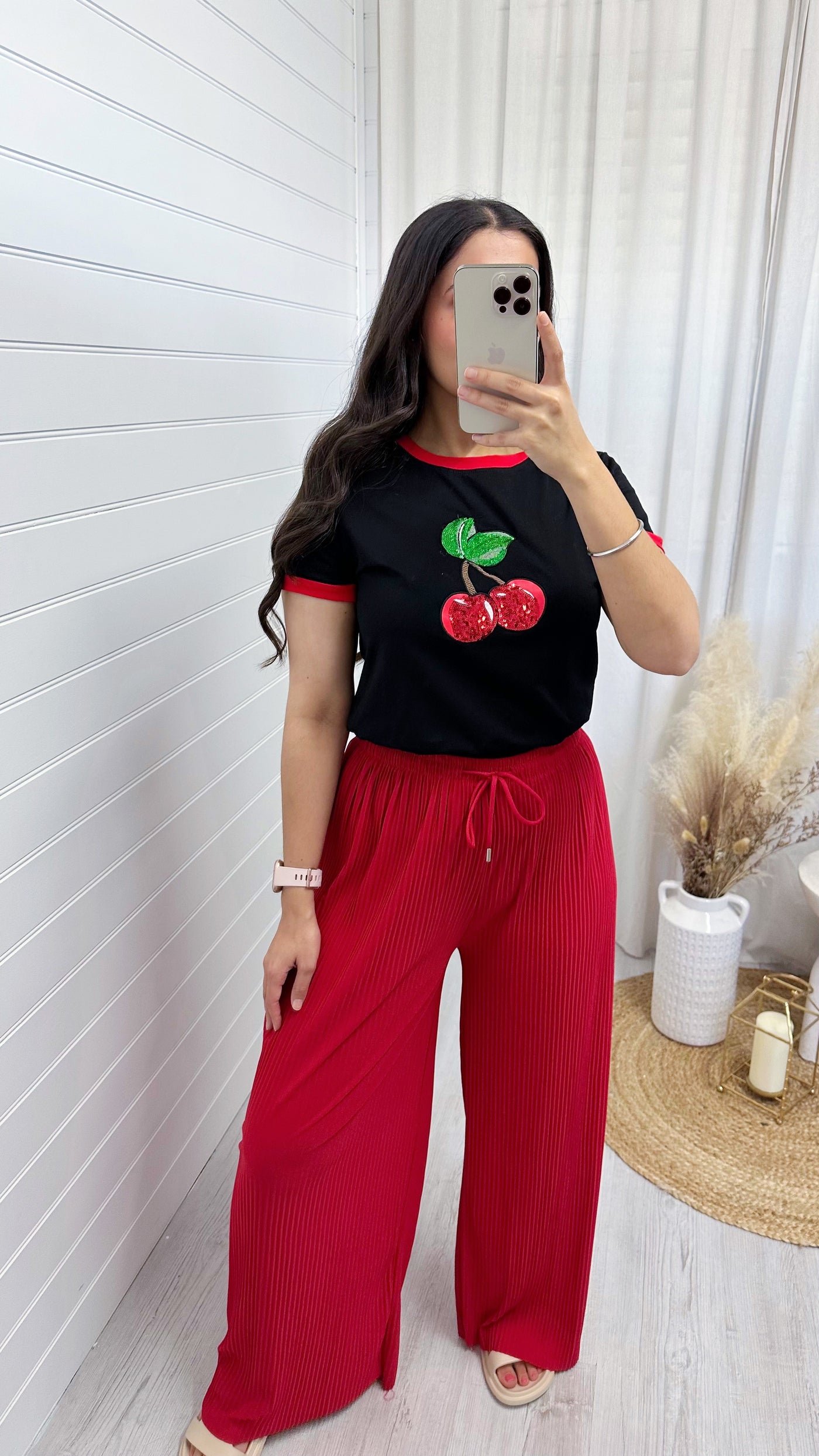 Red Trim Sequin Cherry T-Shirt - BLACK