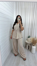 Polka Dot Cinched Shirt and Trousers Co-Ord - BEIGE