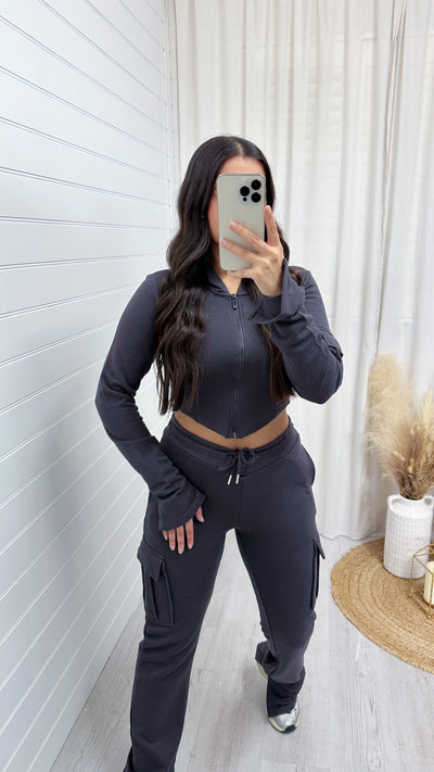 Cargo Cropped Jacket and Split Hem Joggers Tracksuit - SLATE GREY