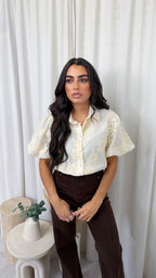 Flower Applique Balloon Sleeve Shirt - CREAM