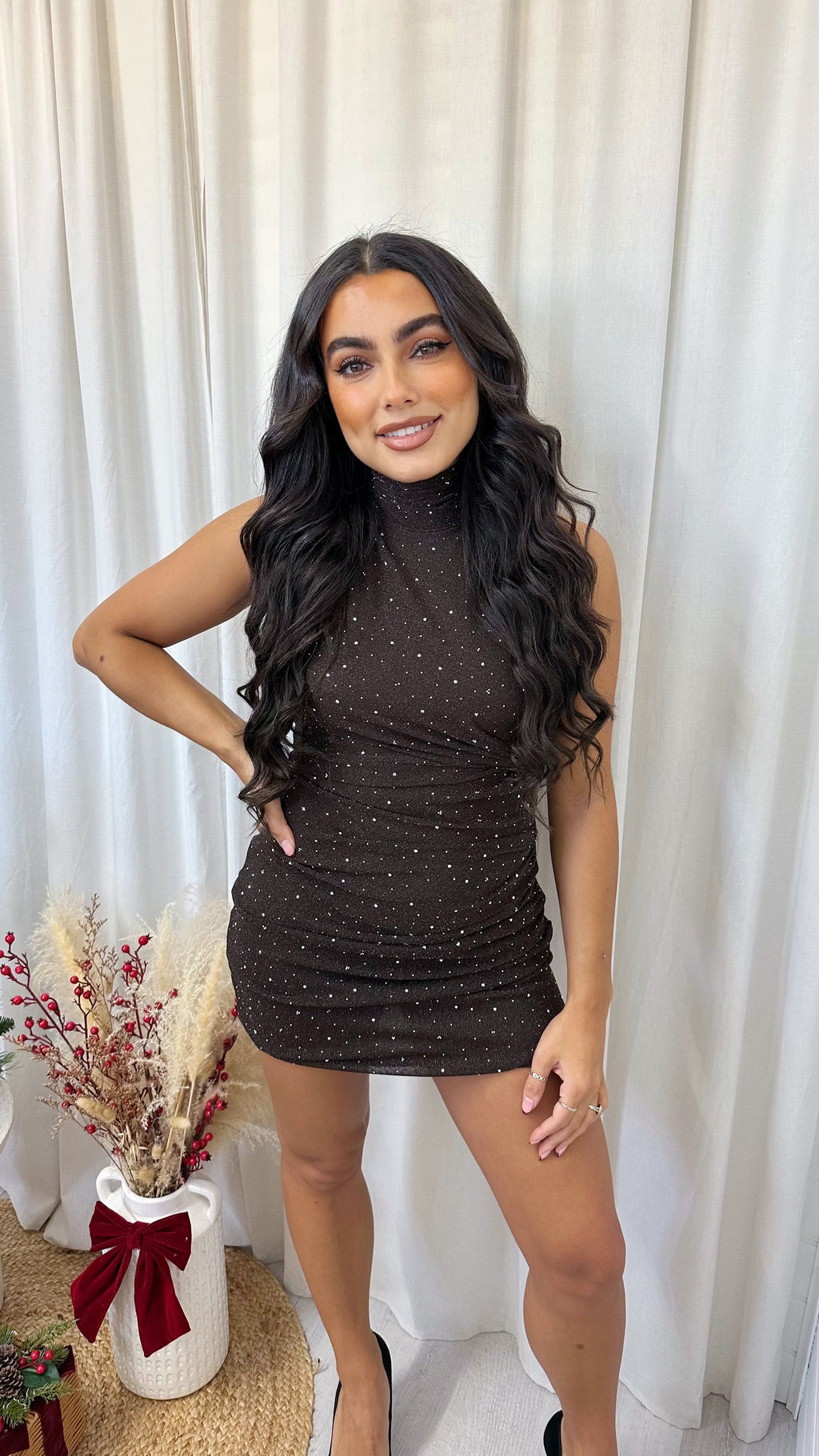 Halter Neck Ruched Rhinestone Dress - BROWN