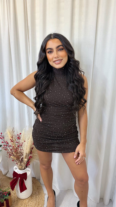 Halter Neck Ruched Rhinestone Dress - BROWN