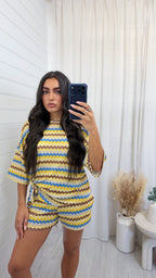 Zig Zag Tie Front T-Shirt and Shorts Co-Ord - YELLOW/BLUE
