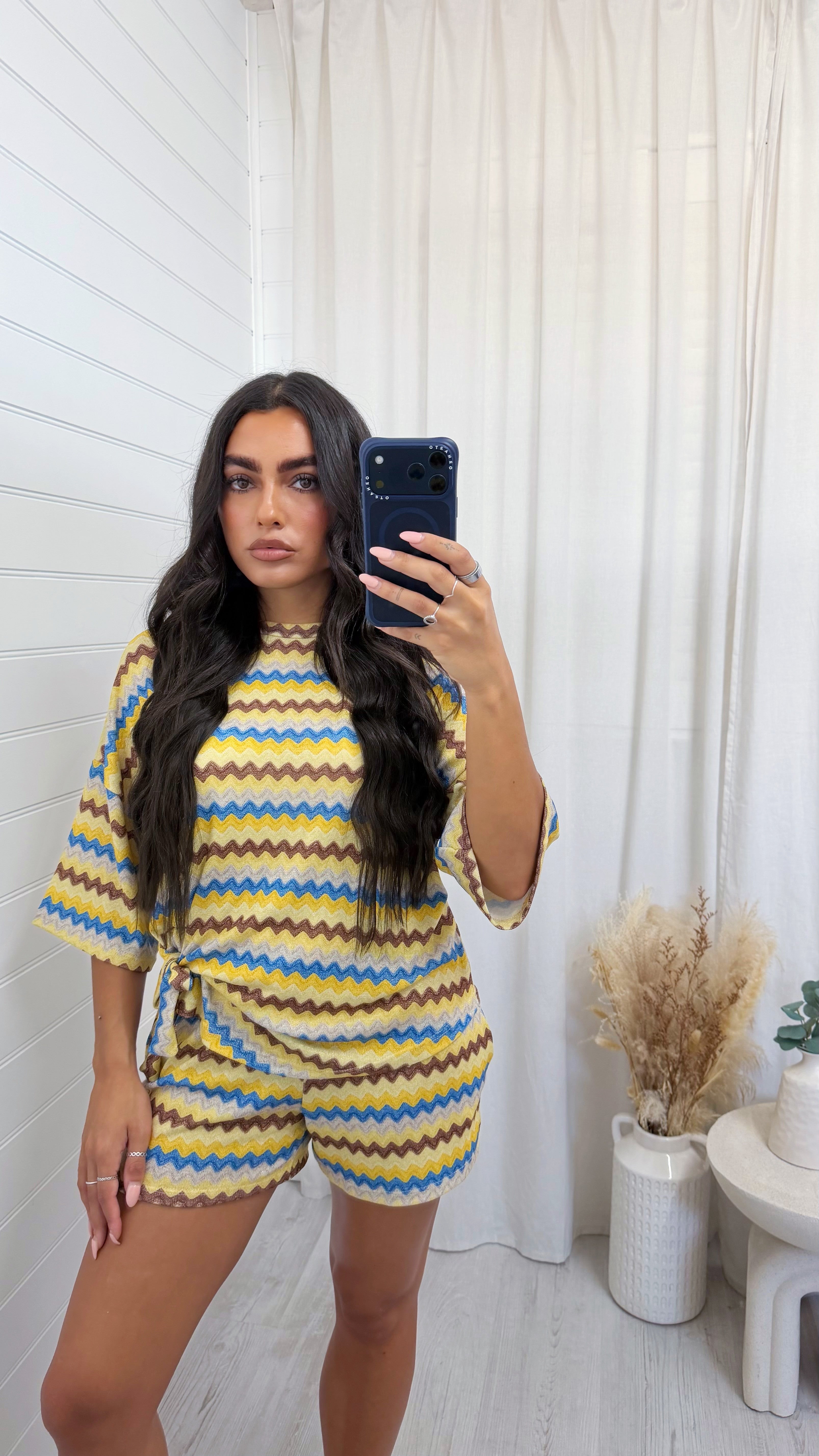 Zig Zag Tie Front T-Shirt and Shorts Co-Ord - YELLOW/BLUE