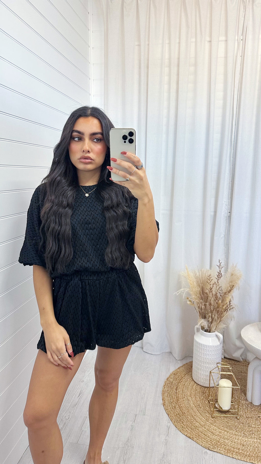Laser Cut Mesh Balloon Top and Shorts Co-Ord - BLACK