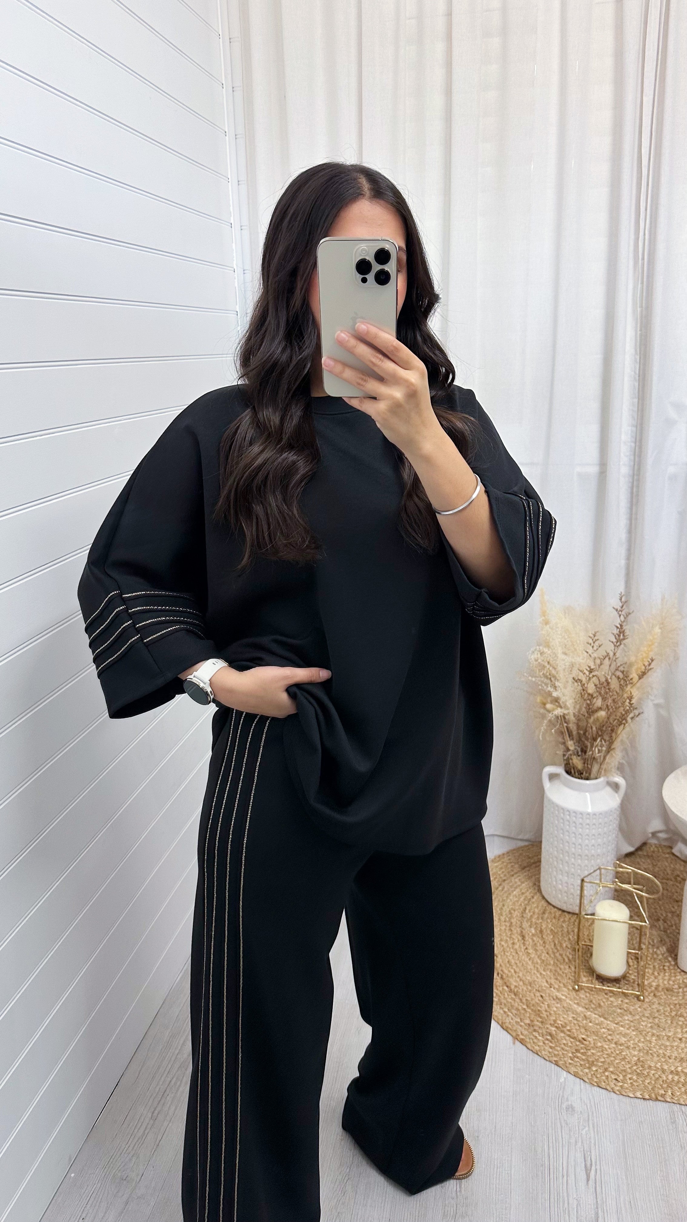 Gold Stripe Oversized Top and Wide Leg Trousers Co-Ord - BLACK
