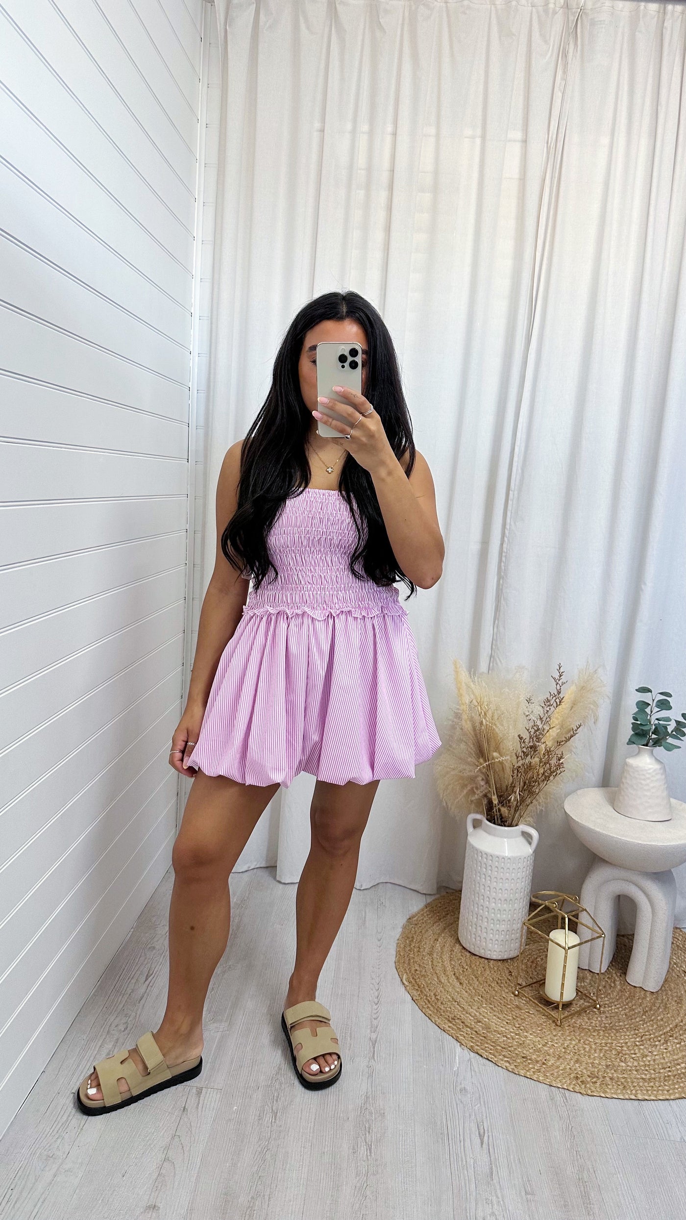 Pinstripe Puff Ball Shirred Dress - PINK