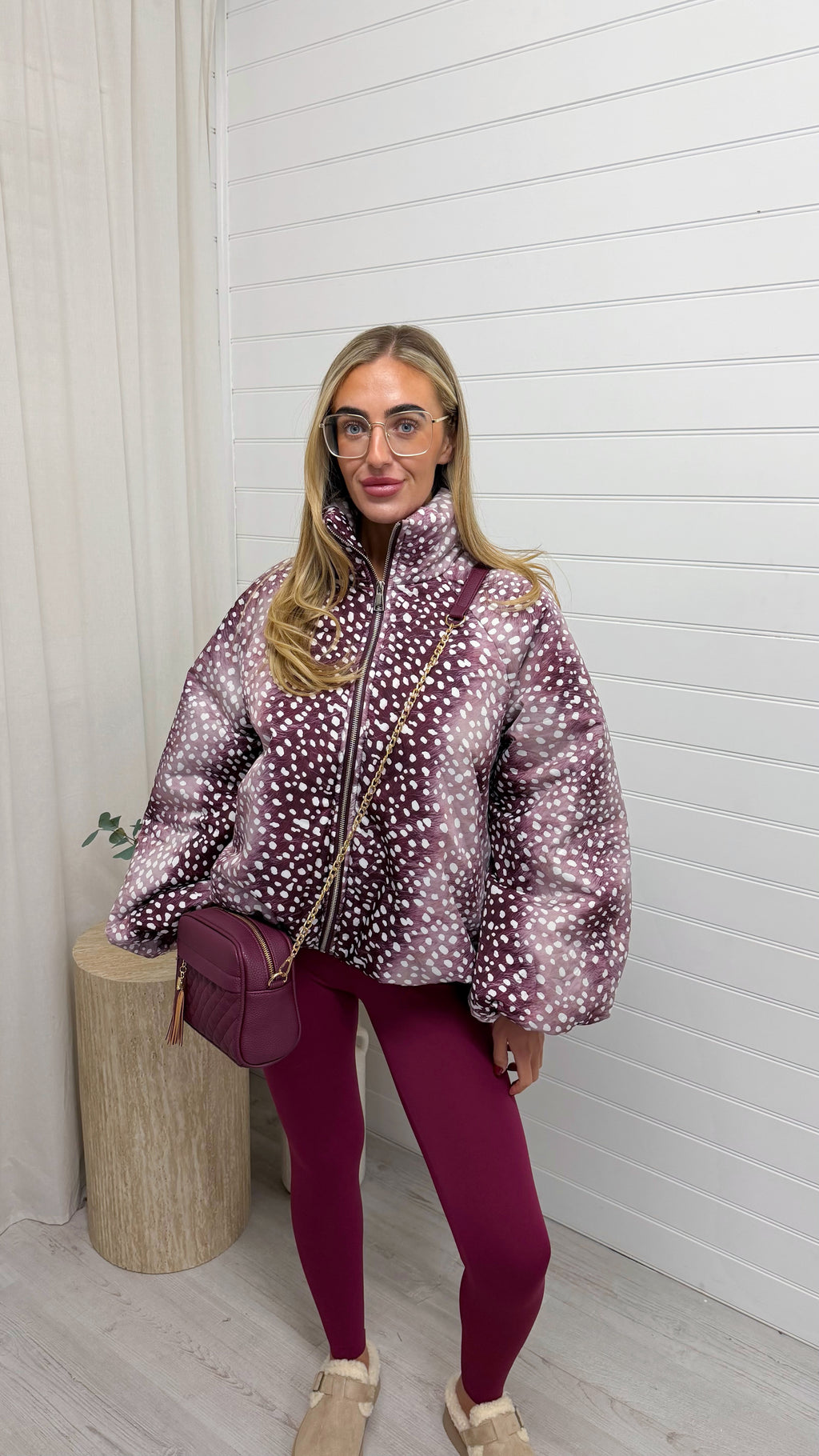 Deer Print Puffer Jacket - BURGUNDY