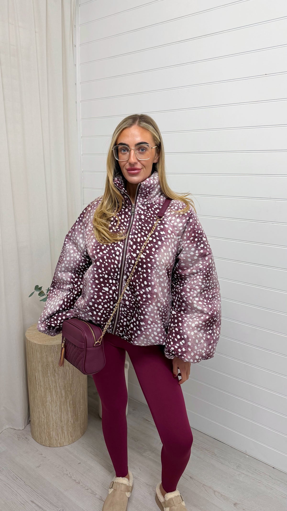 Deer Print Puffer Jacket - BURGUNDY