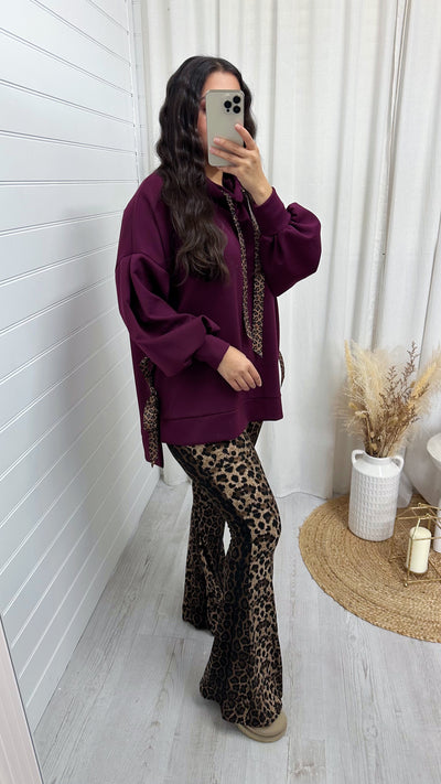 Leopard Print Ribbon Side Slit Hoodie - WINE