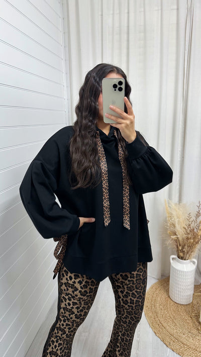 Leopard Print Ribbon Side Slit Hoodie - BLACK