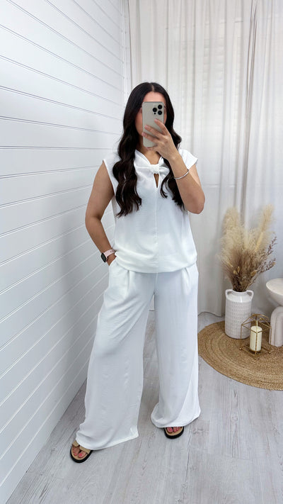 Sleeveless Bow Top and Wide Leg Trousers Co-Ord - WHITE