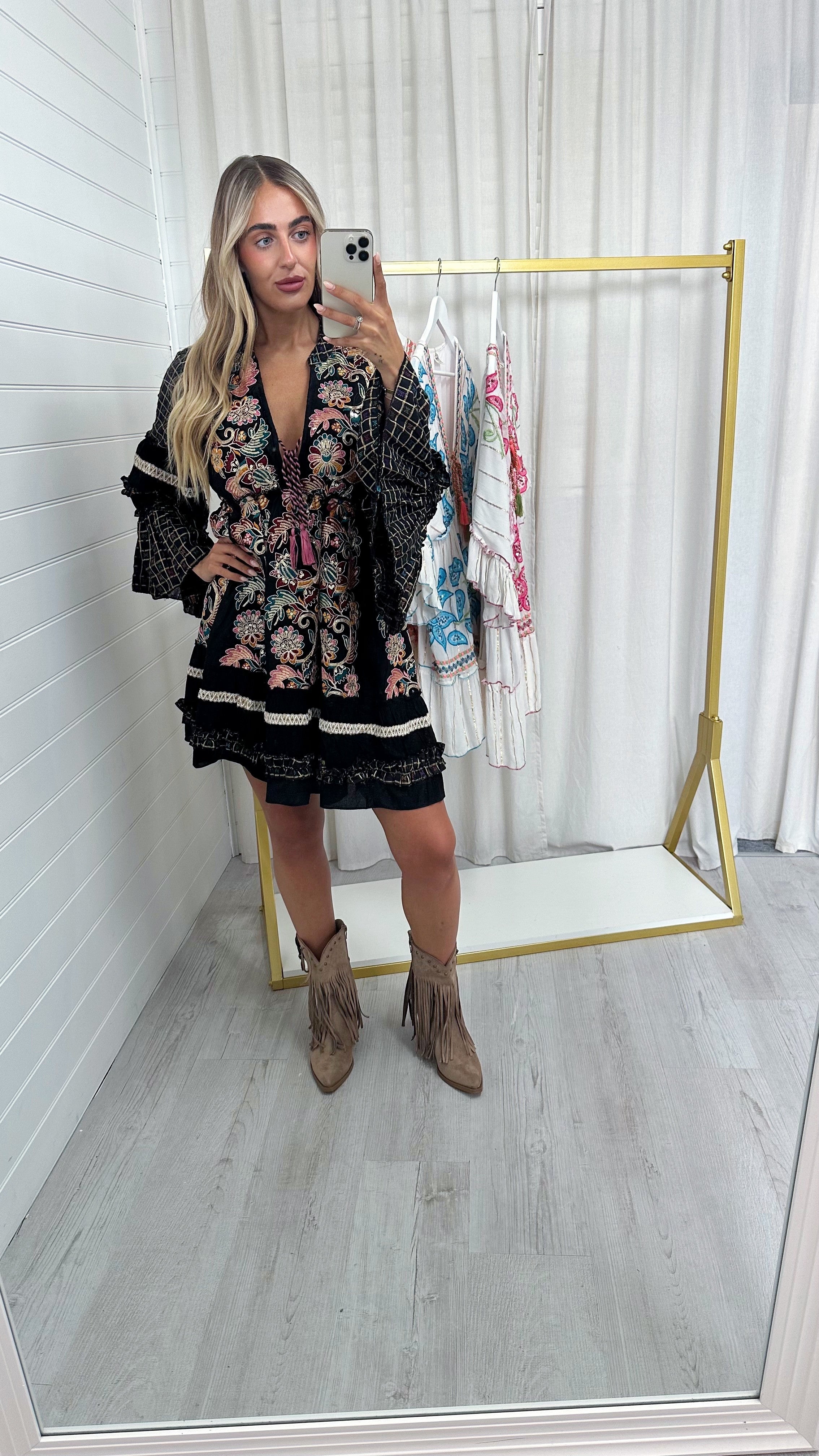 Sequin Gold Embroidered Boho Dress - BLACK