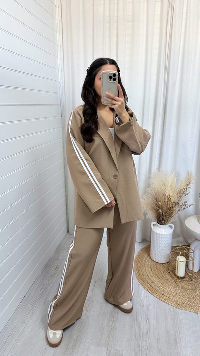 Side Stripe Oversized Blazer and Trousers Suit - BEIGE