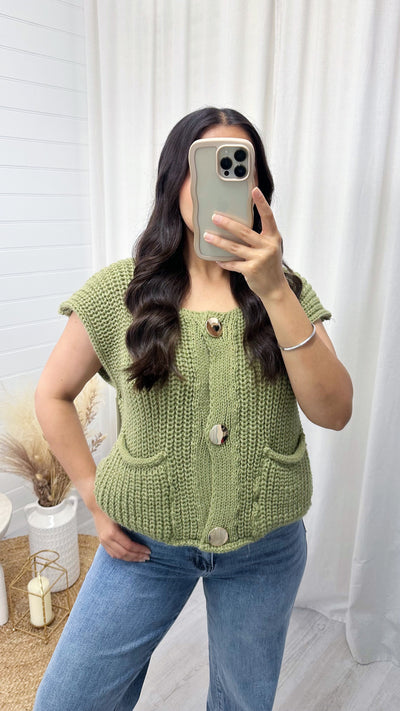 Gold Button Knitted Waistcoat - SAGE