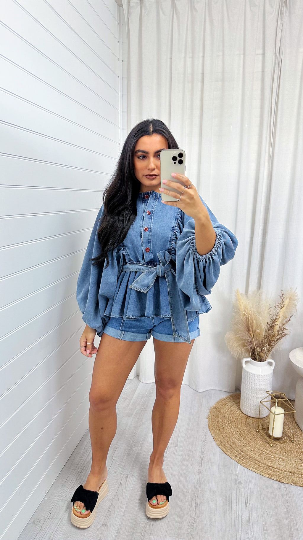 Balloon Sleeve Peplum Denim Shirt - DARK DENIM