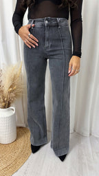 High Waisted Seam Front Flared Jeans - CHARCOAL