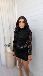 Lace Insert Top and Corset Ruched Skirt Co-Ord - BLACK
