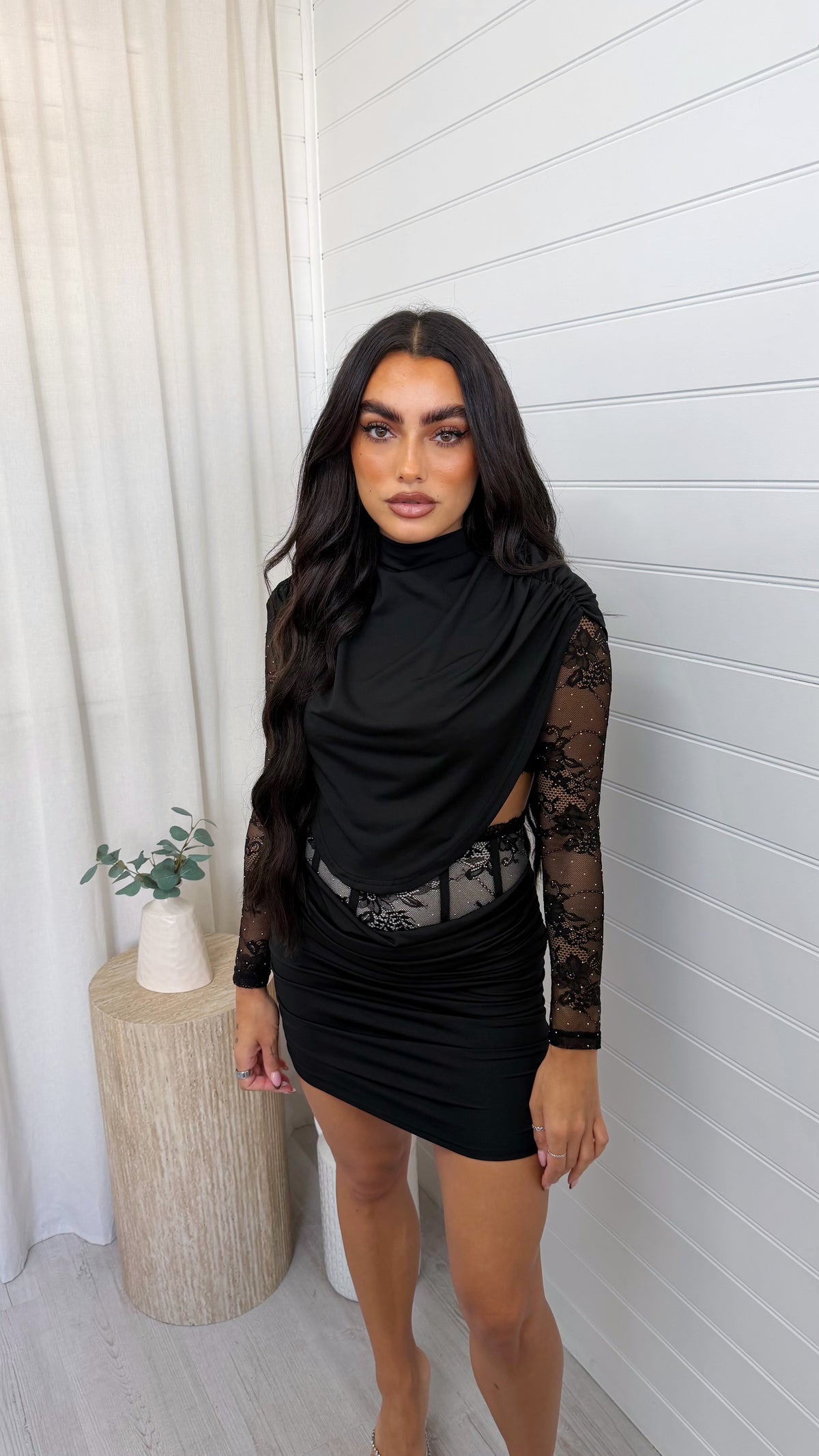 Lace Insert Top and Corset Ruched Skirt Co-Ord - BLACK