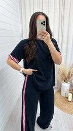Soft Ribbed Side Strip T-Shirt and Trousers Co-Ord - BLACK