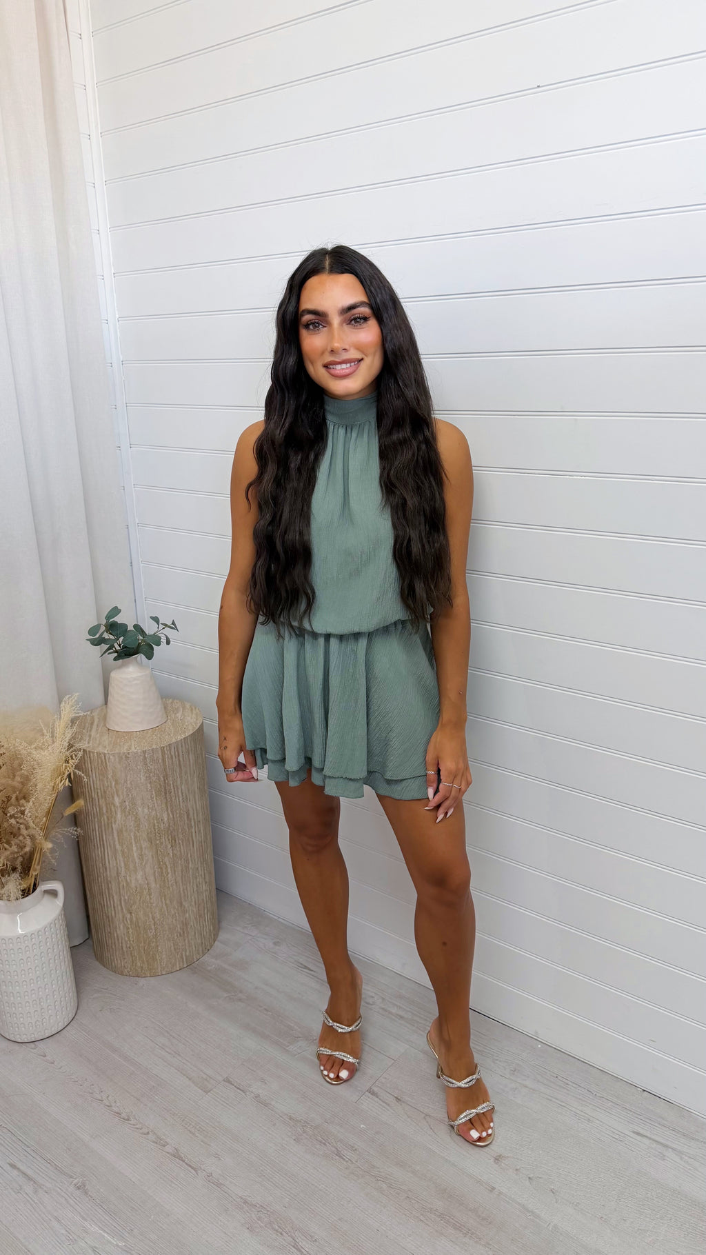 Halter Neck Frill Dress - KHAKI