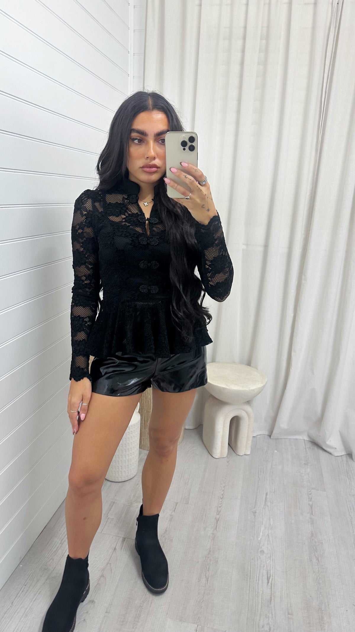 Manderin Neck Long Sleeve Lace Top - BLACK