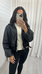 Faux Leather Bomber Jacket - BLACK