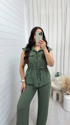 Sleeveless Cinch Shirt and Trousers Co-Ord - KHAKI