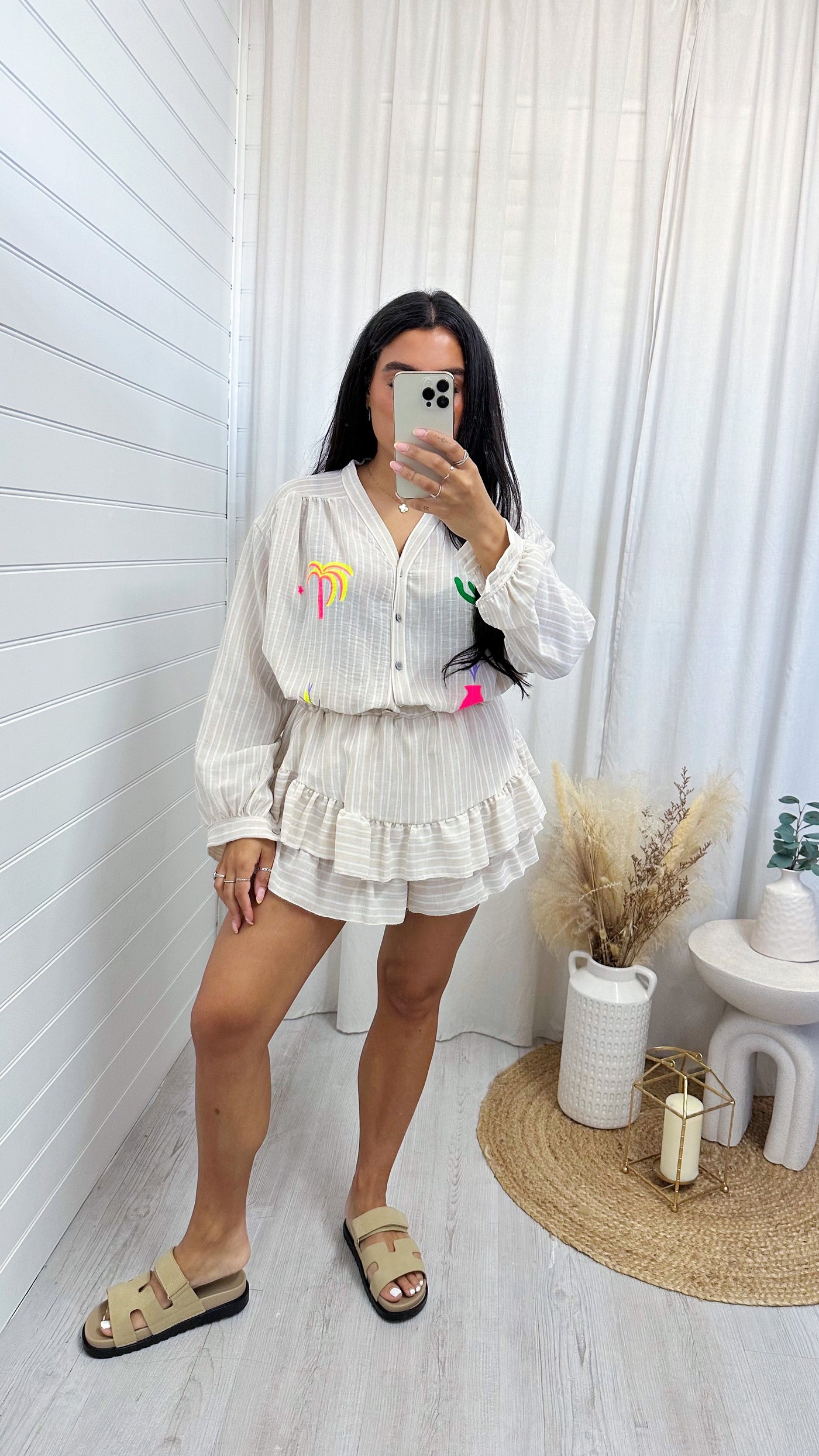 Neon Print Pinstripe Shirt and Frill Skort Co-Ord - BEIGE