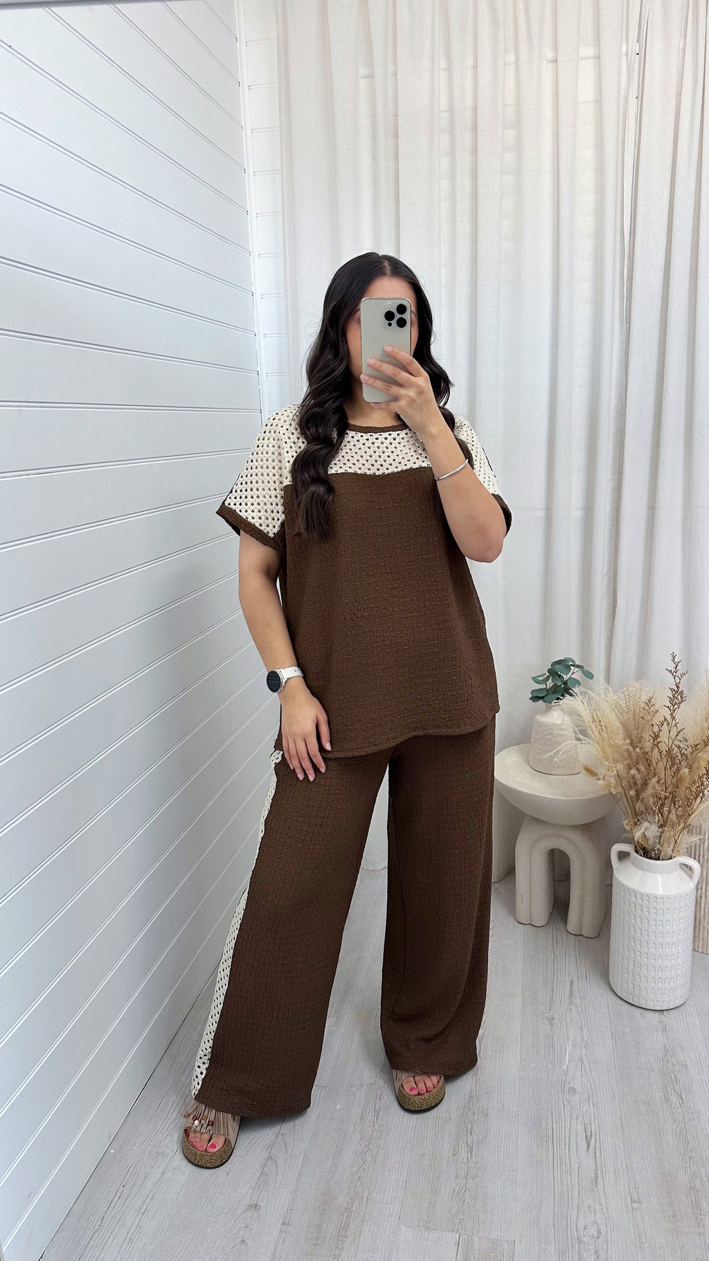 Metallic Mesh T-Shirt and Trouser Co-Ord - LIGHT BROWN