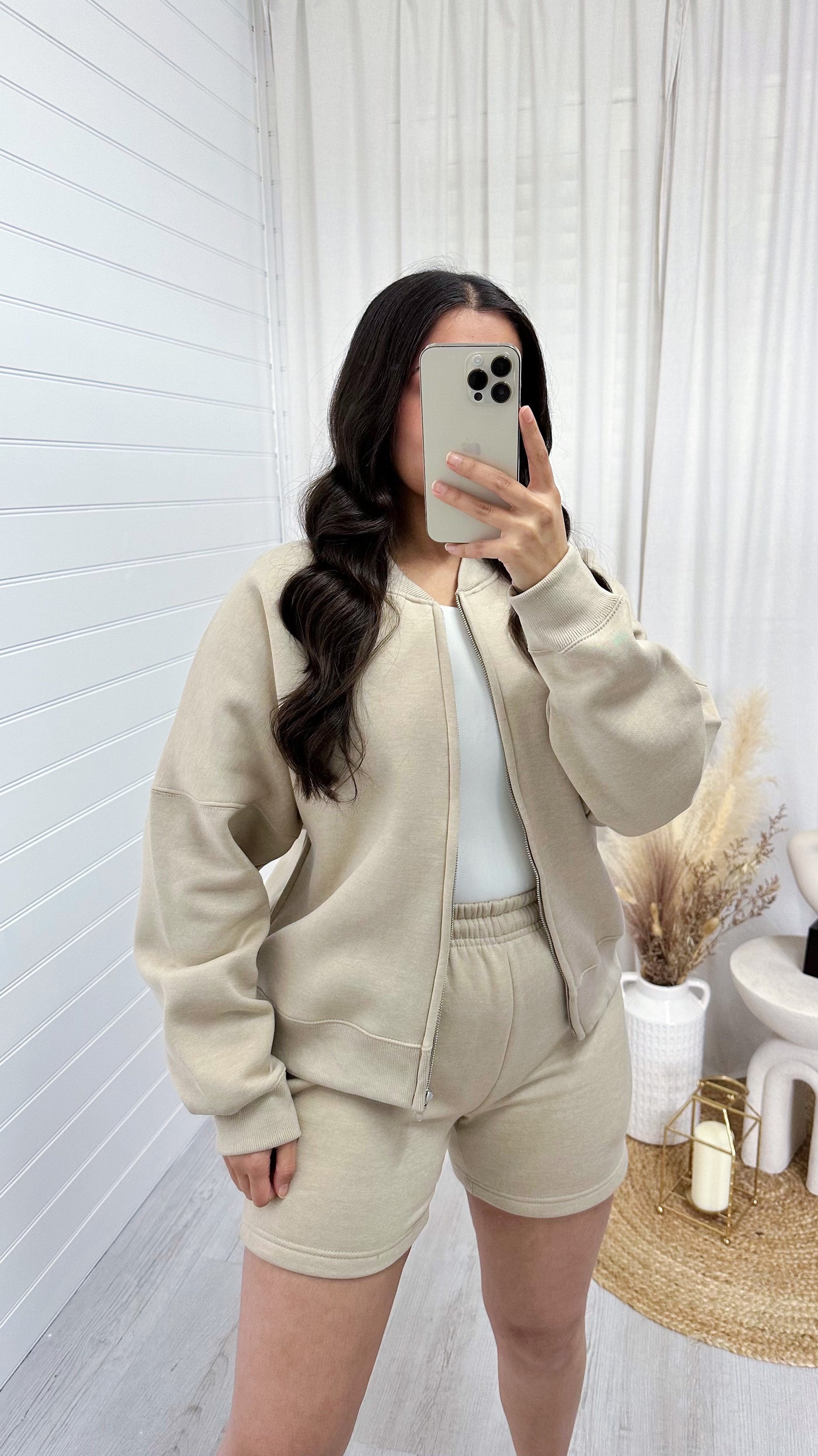 Bomber Jacket and Shorts Co-Ord - BEIGE