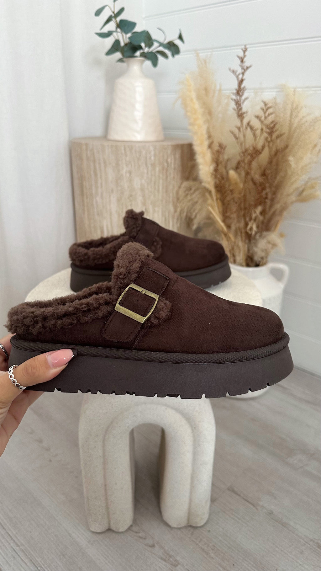 Suede Buckle Strap Platform Slippers - BROWN