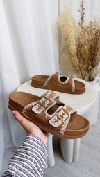 Stitch Trim Suede Sliders - TAN