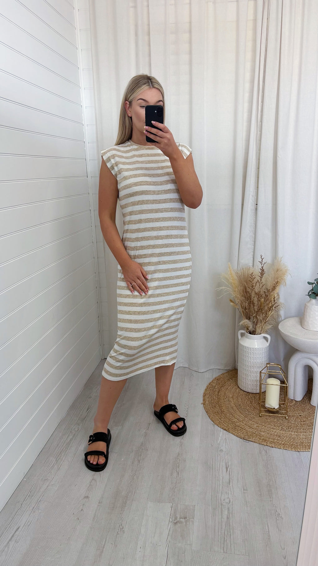 Soft Ribbed Sleeveless Midi Dress - BEIGE STRIPE