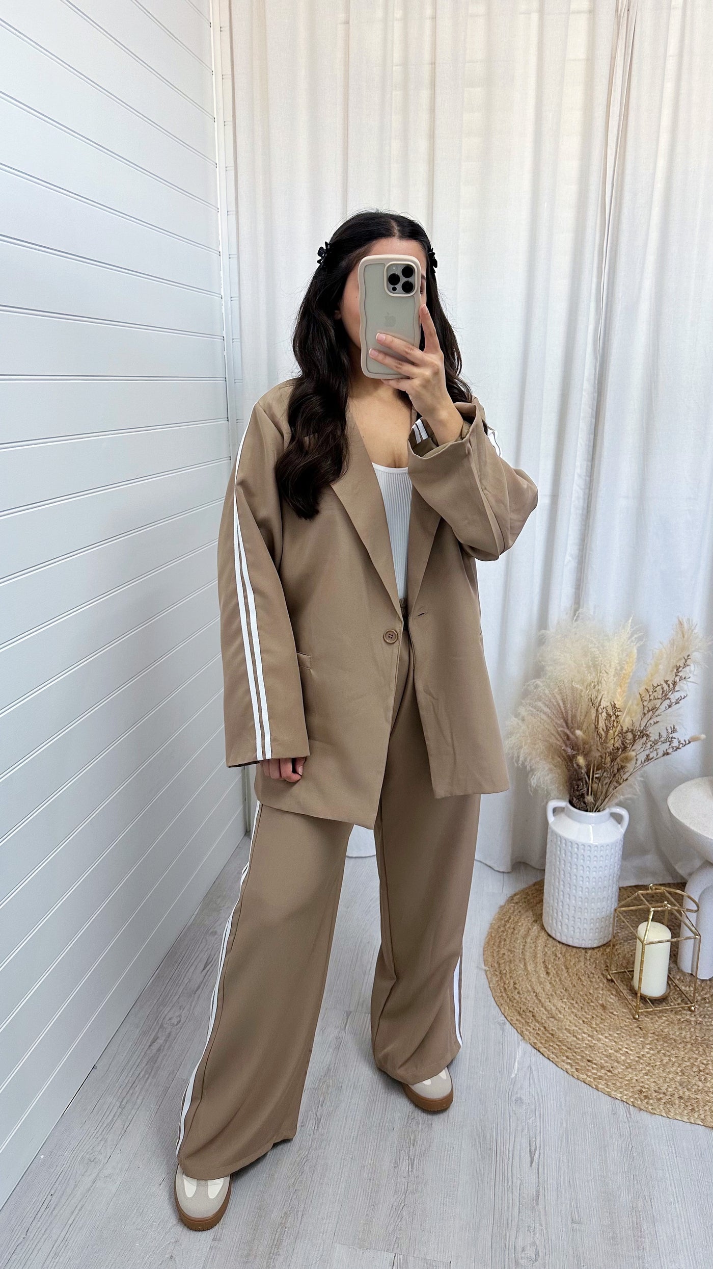 Side Stripe Oversized Blazer and Trousers Suit - BEIGE