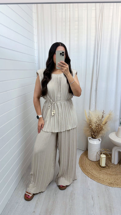 Pleated Tunic and Wide Leg Trousers Co-Ord - LIGHT BEIGE