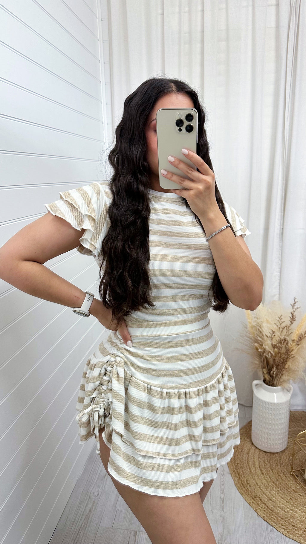 Frill Sleeve Top and Frill Ruched Skirt Co-Ord - BEIGE/WHITE