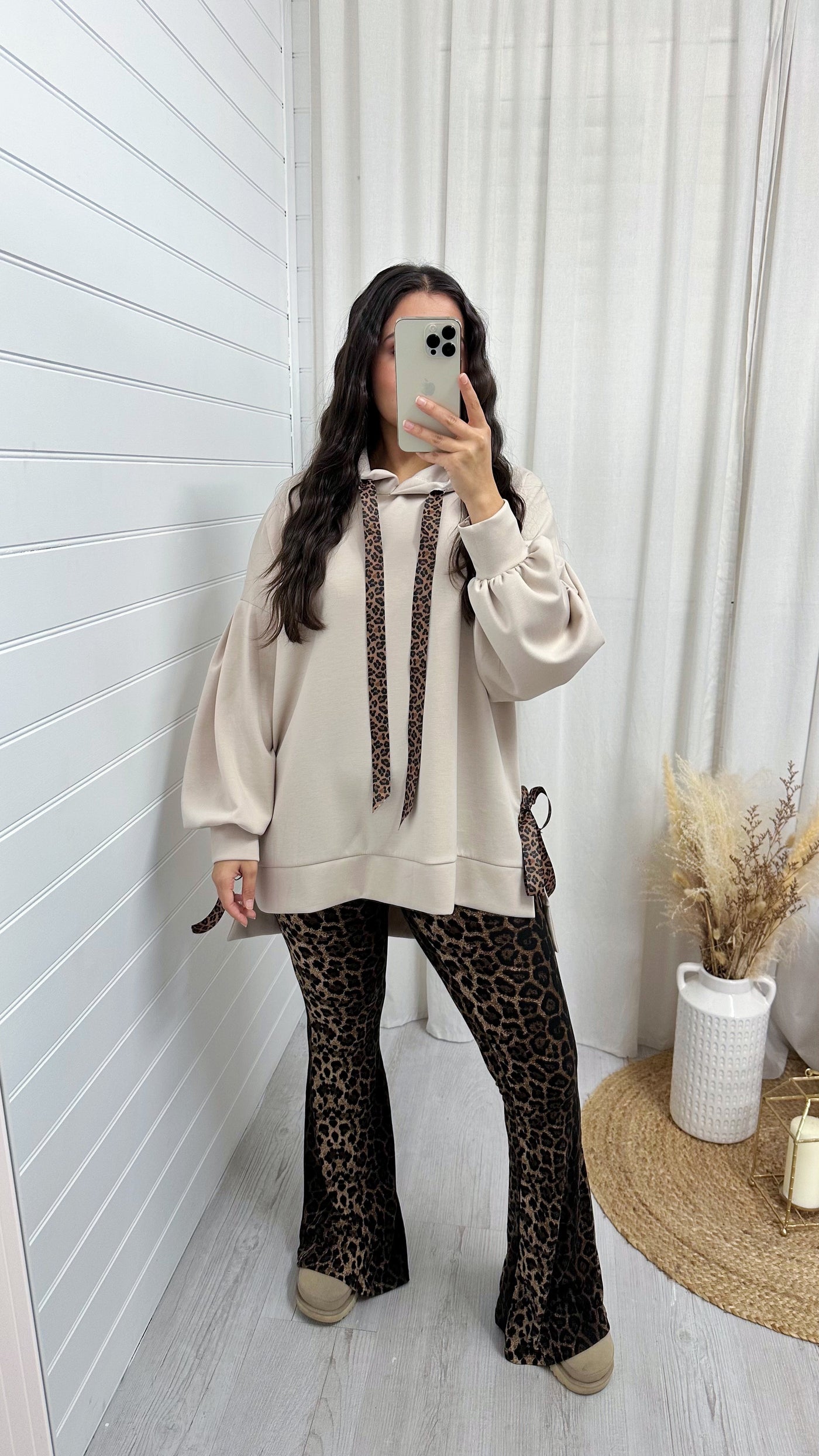 Leopard Print Ribbon Side Slit Hoodie - BEIGE