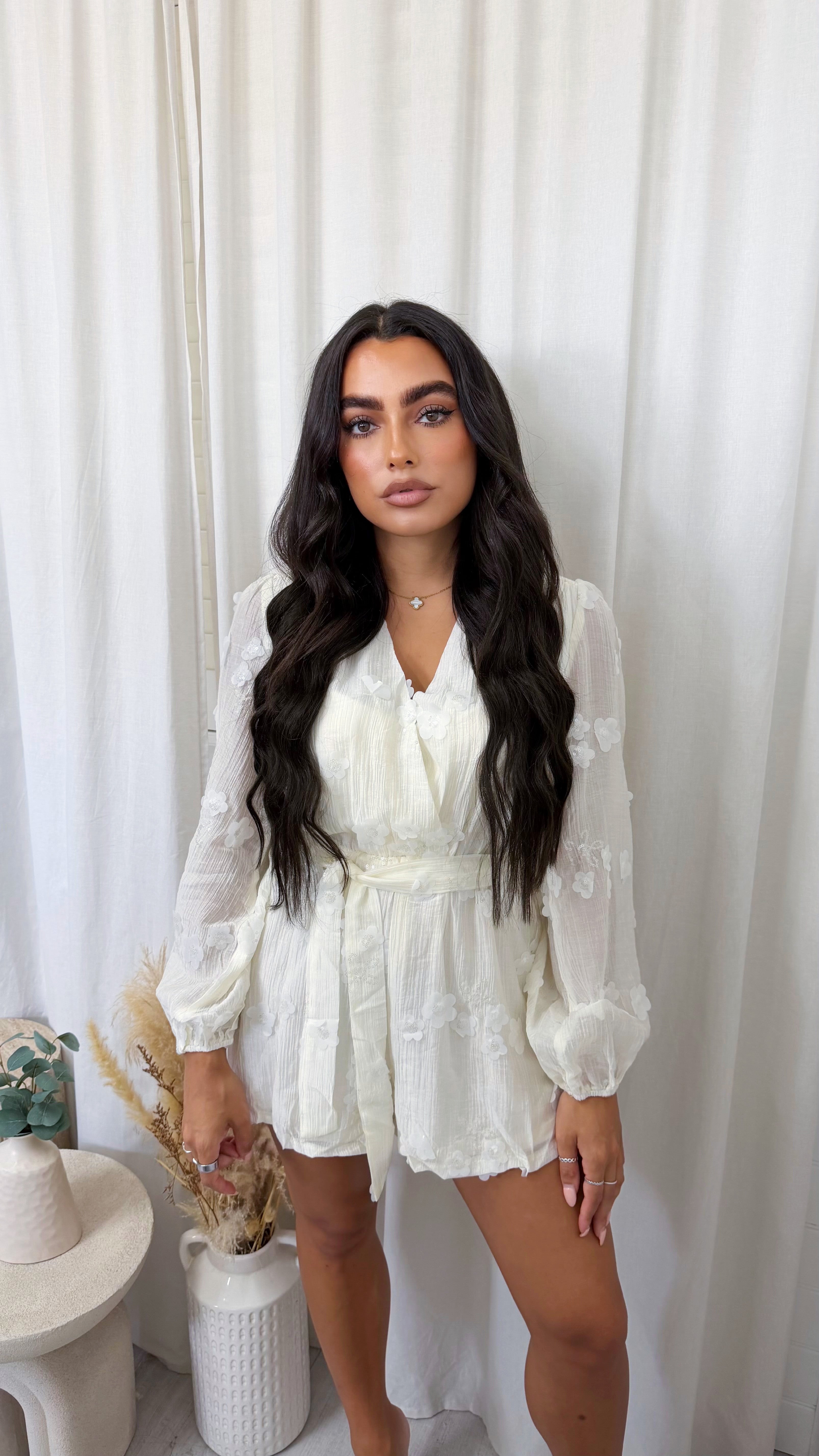 Sequin Flower Wrap Over Playsuit - CREAM