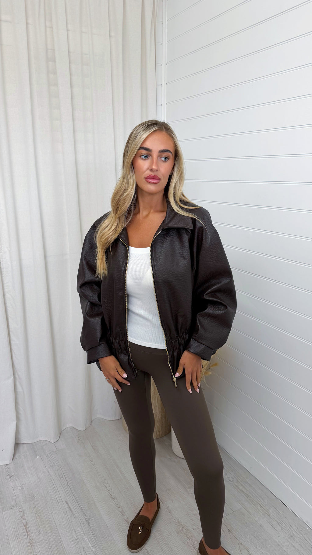 Cinch Waist Peplum Leather Jacket - BROWN