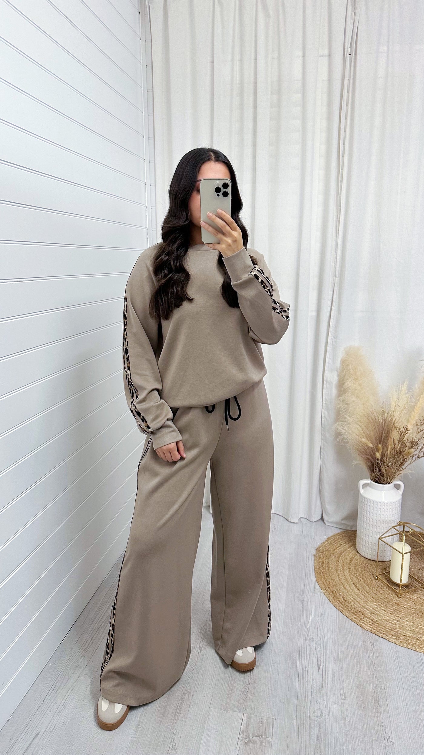 Leopard Trim Sweatshirt and Joggers Co-Ord - MOCHA