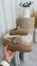 Buckle Strap Faux Fur Loafers - BEIGE