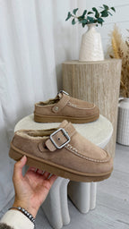 Buckle Strap Faux Fur Loafers - BEIGE