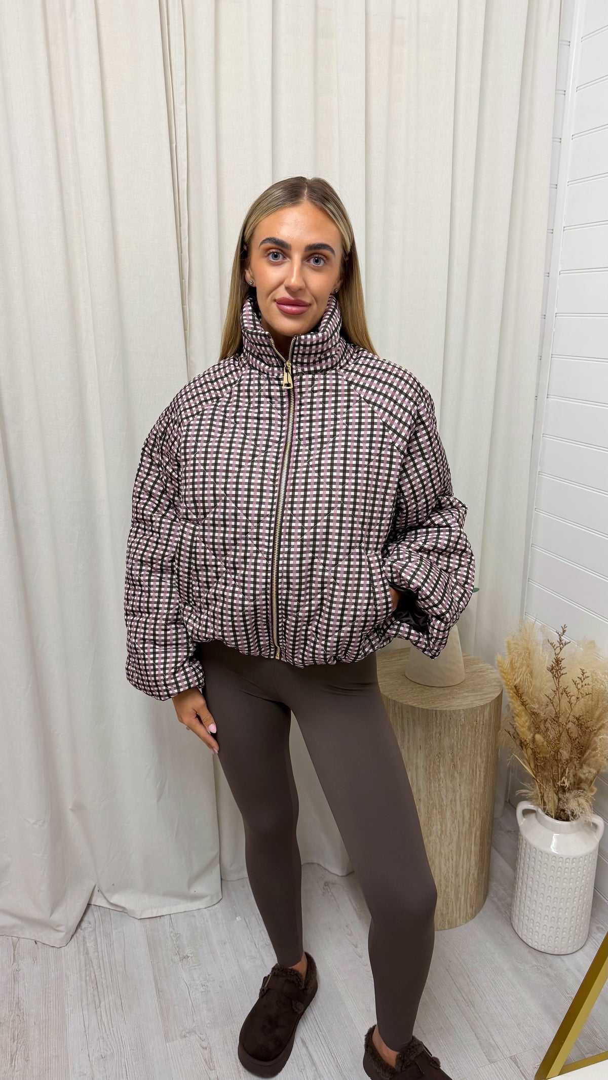 Quilted Gingham Bomber Jacket - PINK