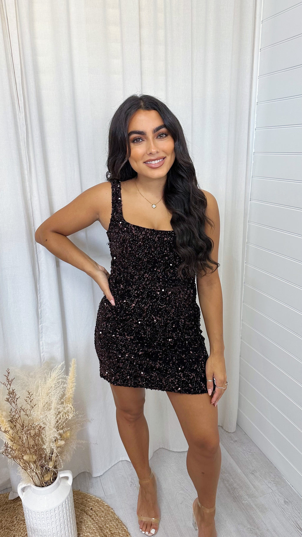 Lace Back Velvet Sequin Square Neck Dress - BROWN