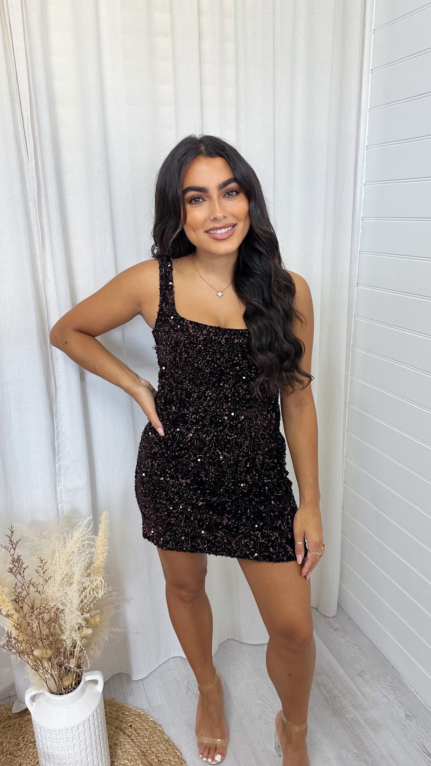 Lace Back Velvet Sequin Square Neck Dress - BROWN